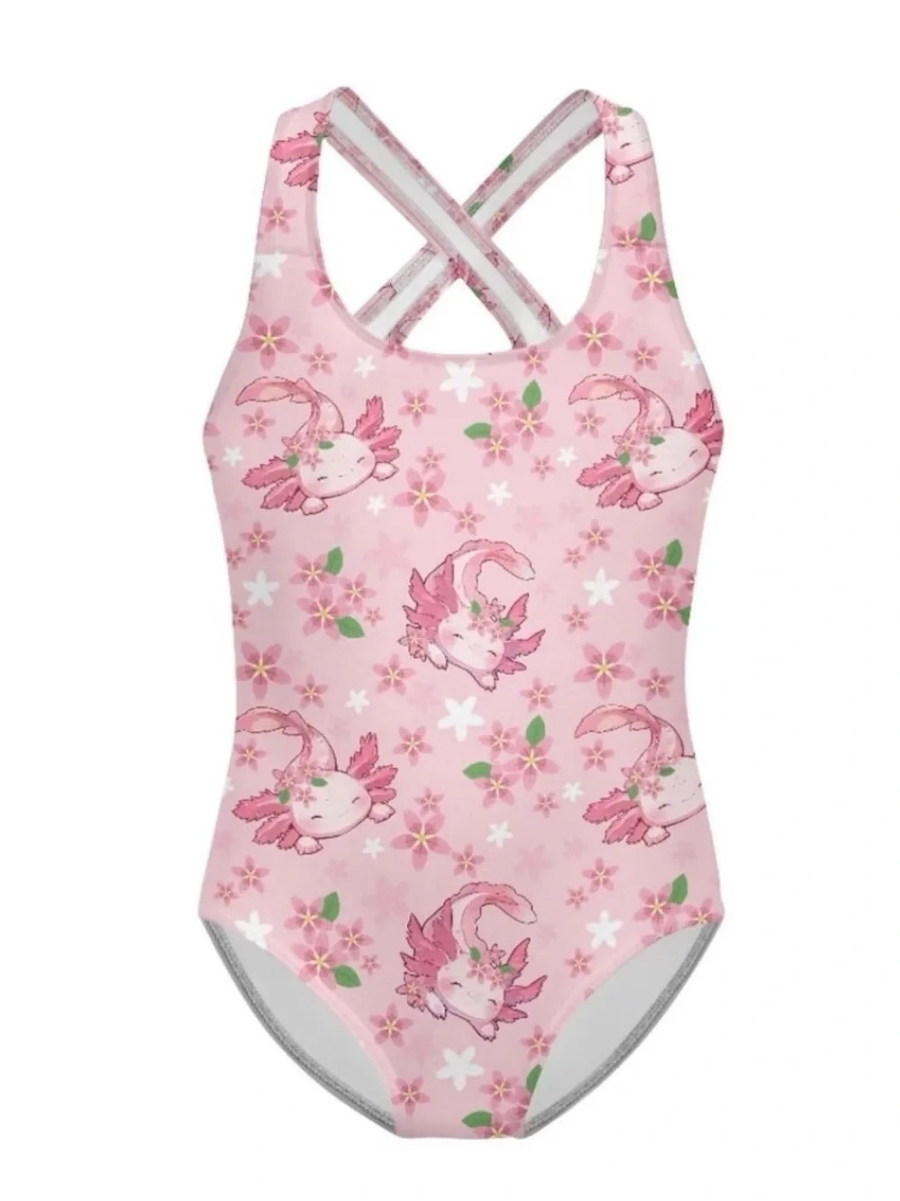 Axolotl Girls Swimsuit One Piece Bathing Suit Crossed Back, sz 9-10